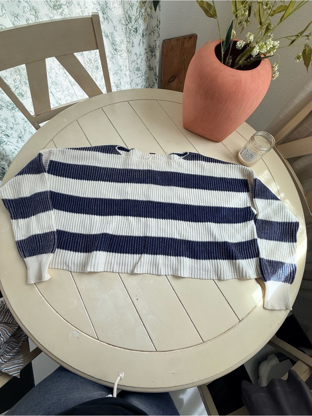 Free People Navy and White Striped Ribbed Knit Pullover